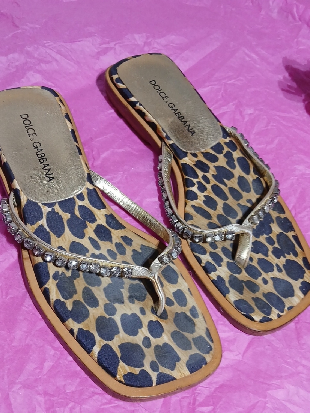 Dolce & Gabbana Gold Crystal Leopard Print Thong Sandals